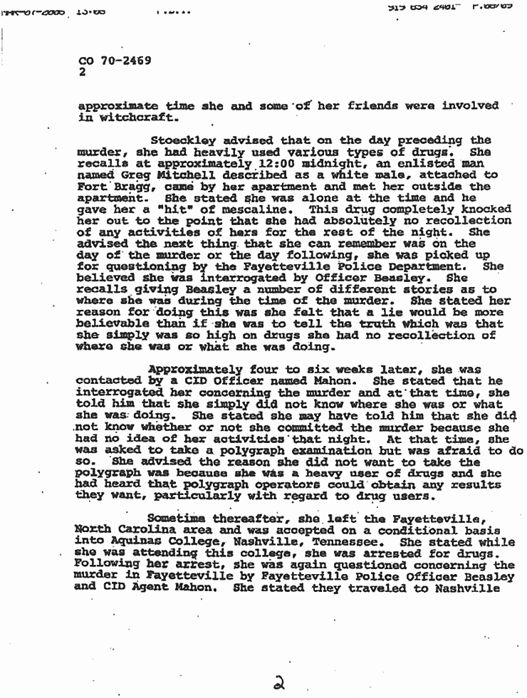 August 27, 1979: FBI File of investigative activity on Aug. 14, 1979 re: Helena Stoeckley, p. 2 of 3