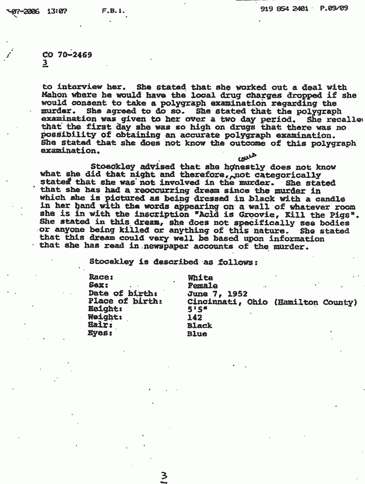 August 27, 1979: FBI File of investigative activity on Aug. 14, 1979 re: Helena Stoeckley, p. 3 of 3