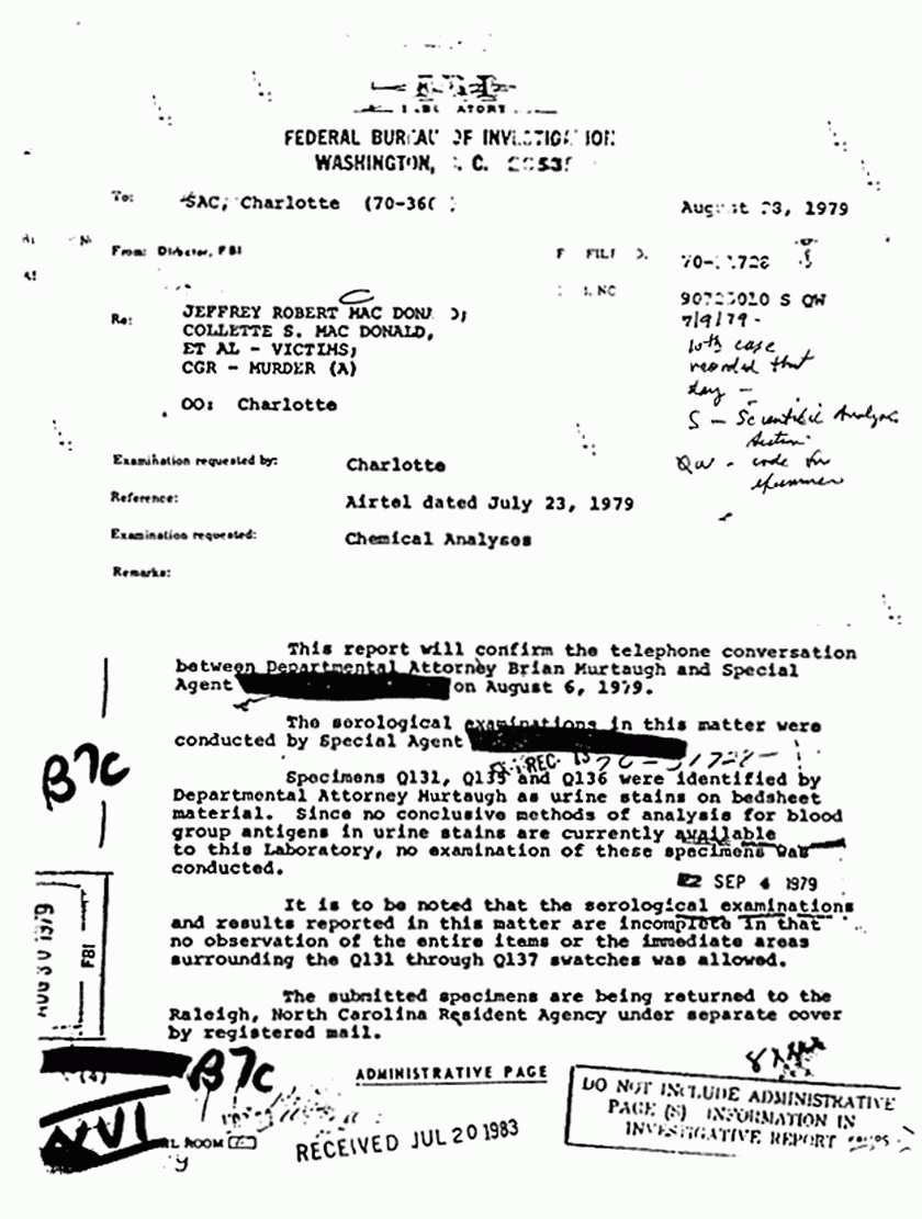 August 28, 1979: FBI Report re: Lab exams of sheets and Colette MacDonald's clothing, p. 1 of 2