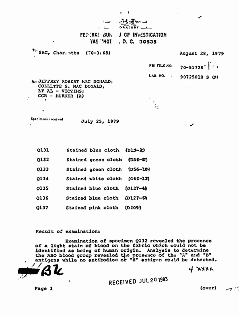August 28, 1979: FBI Report re: Lab exams of sheets and Colette MacDonald's clothing, p. 2 of 2