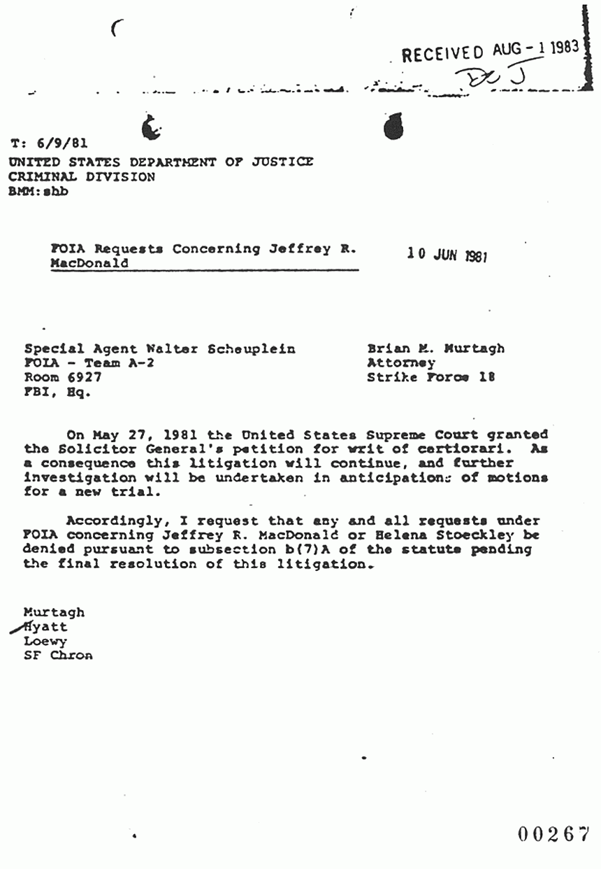 June 10, 1981: Letter from Brian Murtagh to Special Agent Walter Scheuplein (FBI FOIA Team) re: Denying FOIA Requests Concerning Jeffrey MacDonald or Helena Stoeckley