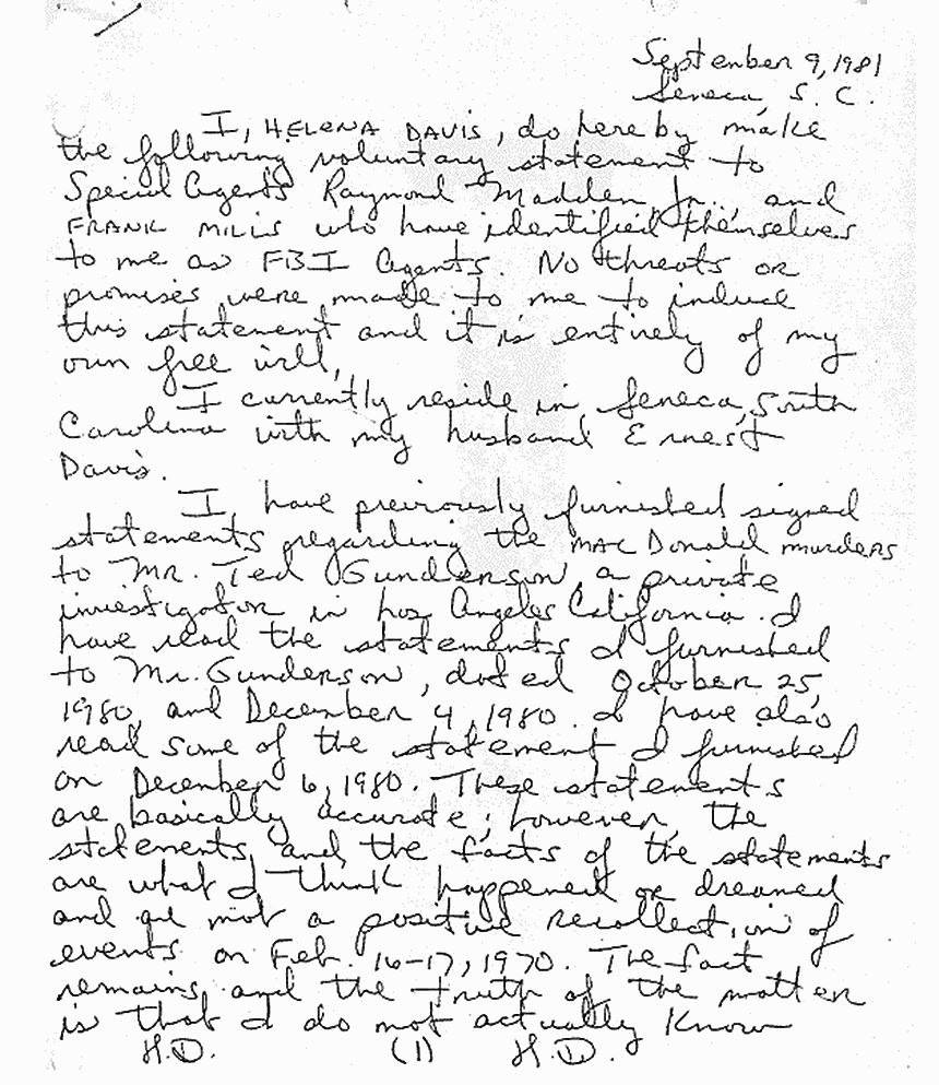 September 9, 1981: Statement of Helena Stoeckley (Davis) to Raymond Madden, Jr. (FBI) and Frank Mills (FBI), p. 1 of 2