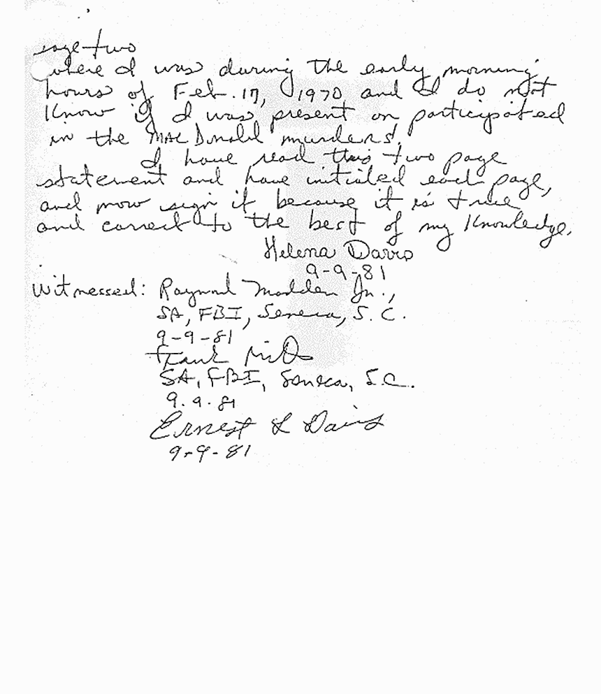 September 9, 1981: Statement of Helena Stoeckley (Davis) to Raymond Madden, Jr. (FBI) and Frank Mills (FBI), p. 2 of 2