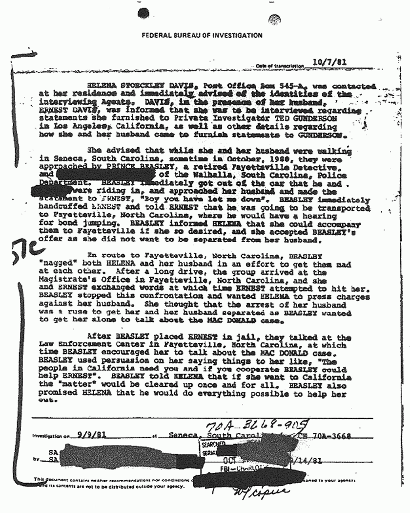October 7, 1981: FBI File re: Investigative activity reported Sep. 9, 1981 re: Helena Stoeckley, p. 1 of 10
