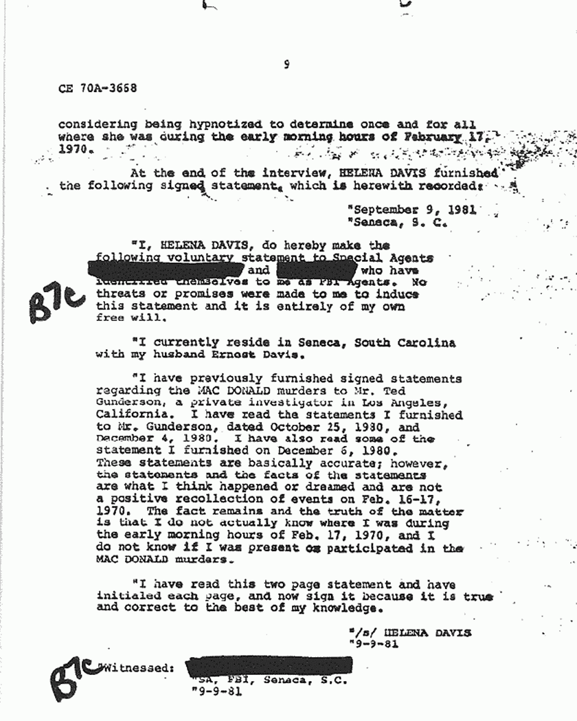 October 7, 1981: FBI File re: Investigative activity reported Sep. 9, 1981 re: Helena Stoeckley, p. 9 of 10
