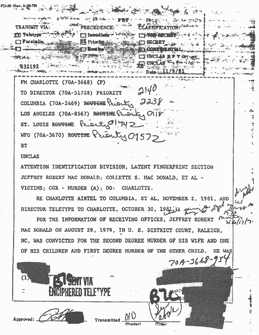 November 9, 1981: FBI Teletype re: Further priority investigating and testing, p. 1 of 4