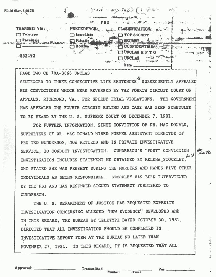 November 9, 1981: FBI Teletype re: Further priority investigating and testing, p. 2 of 4