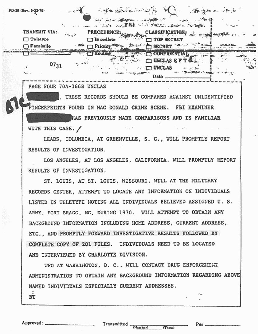 November 9, 1981: FBI Teletype re: Further priority investigating and testing, p. 4 of 4