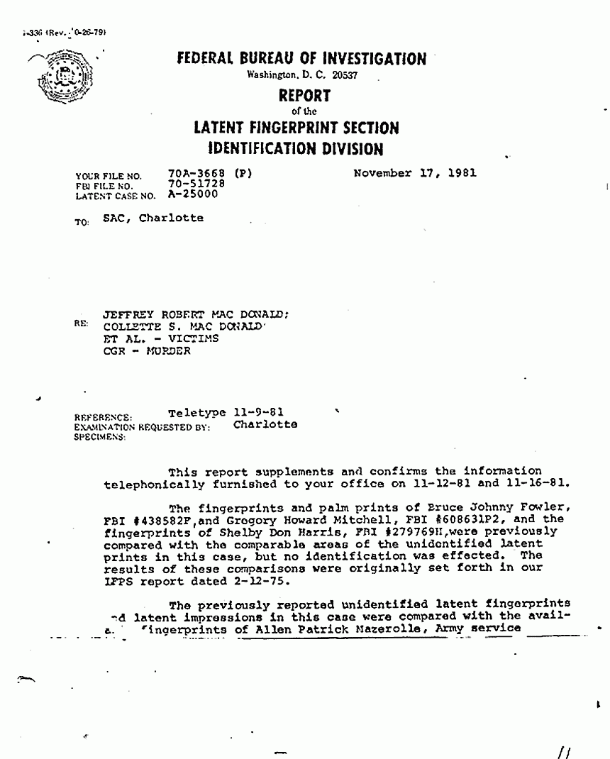November 17, 1981: FBI Latent Fingerprint Section Report, p. 1 of 2