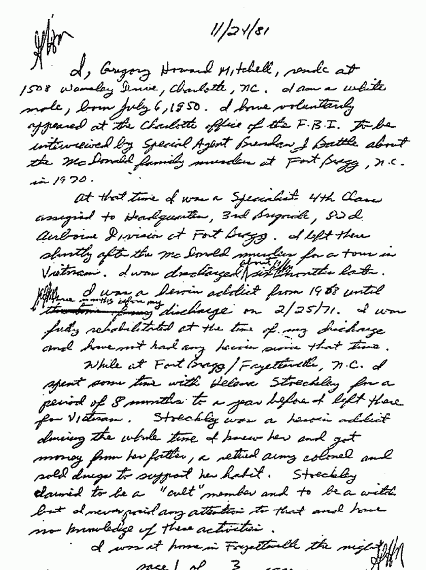 November 24, 1981: Handwritten statement of Greg Mitchell, p. 1 of 3