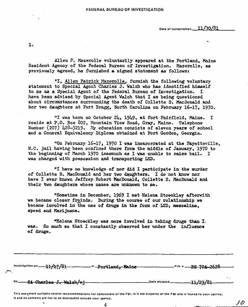 November 30, 1981: FBI File re: Nov. 17, 1981 interview of Allen Mazerolle, p. 1 of 4