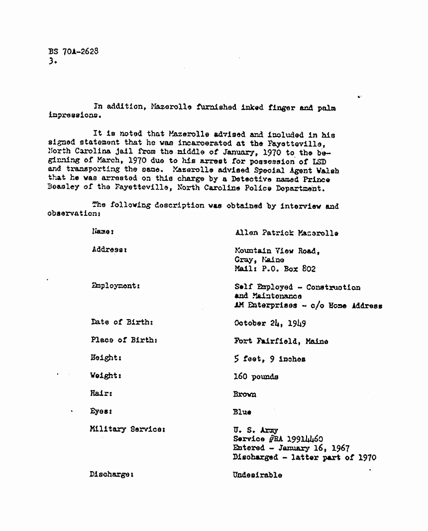 November 30, 1981: FBI File re: Nov. 17, 1981 interview of Allen Mazerolle, p. 3 of 4