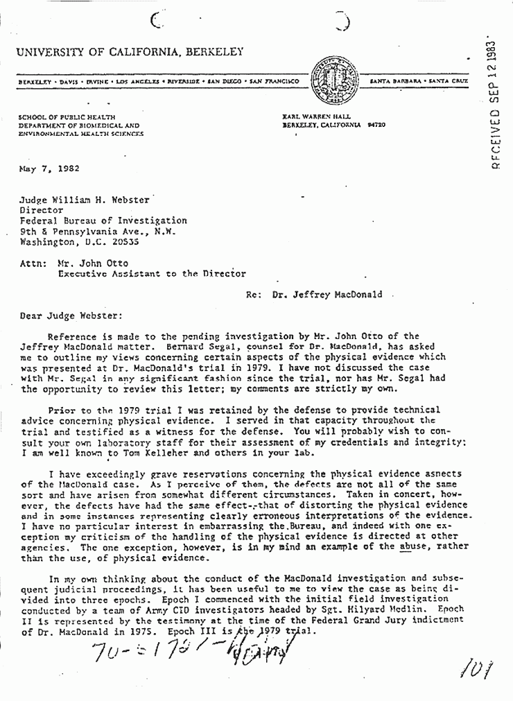 May 7, 1982: Letter from John Thornton to Judge William Webster (Director, FBI) re: Physical evidence examinations, p. 1 of 4