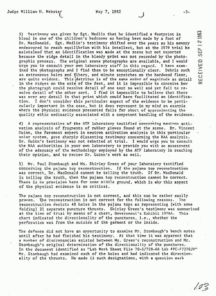 May 7, 1982: Letter from John Thornton to Judge William Webster (Director, FBI) re: Physical evidence examinations, p. 3 of 4