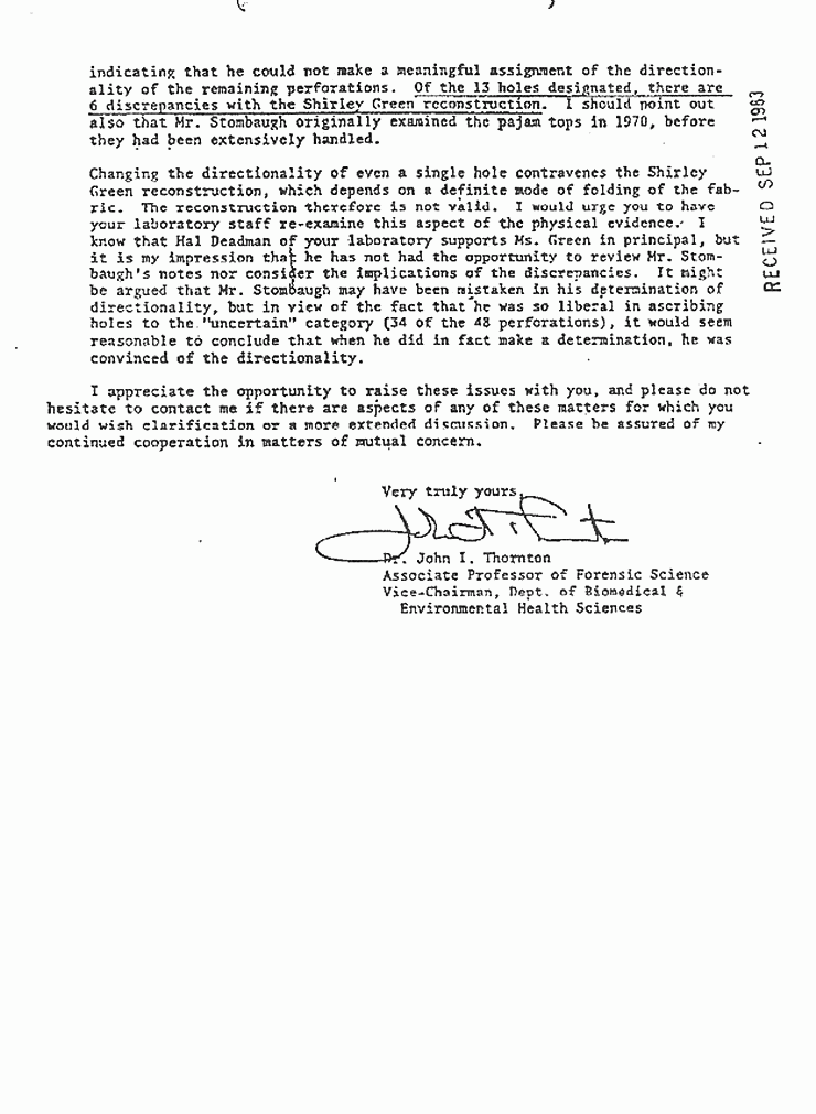 May 7, 1982: Letter from John Thornton to Judge William Webster (Director, FBI) re: Physical evidence examinations, p. 4 of 4