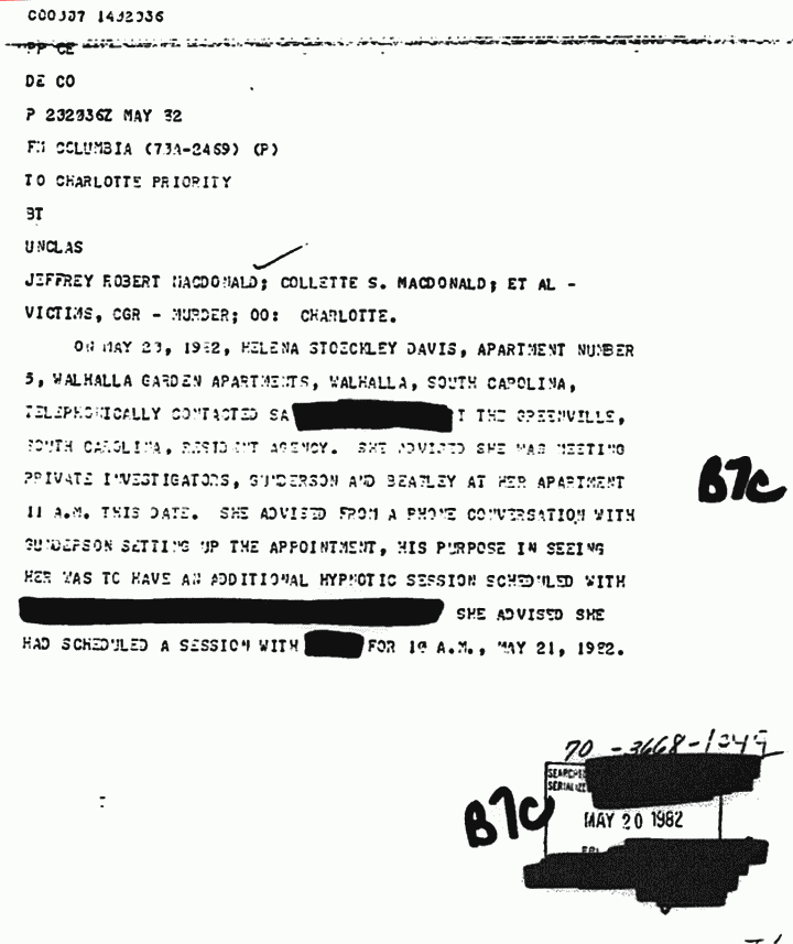 May 23, 1982: FBI Inter-Agency Memo re: Helena Stoeckley, p. 1 of 2