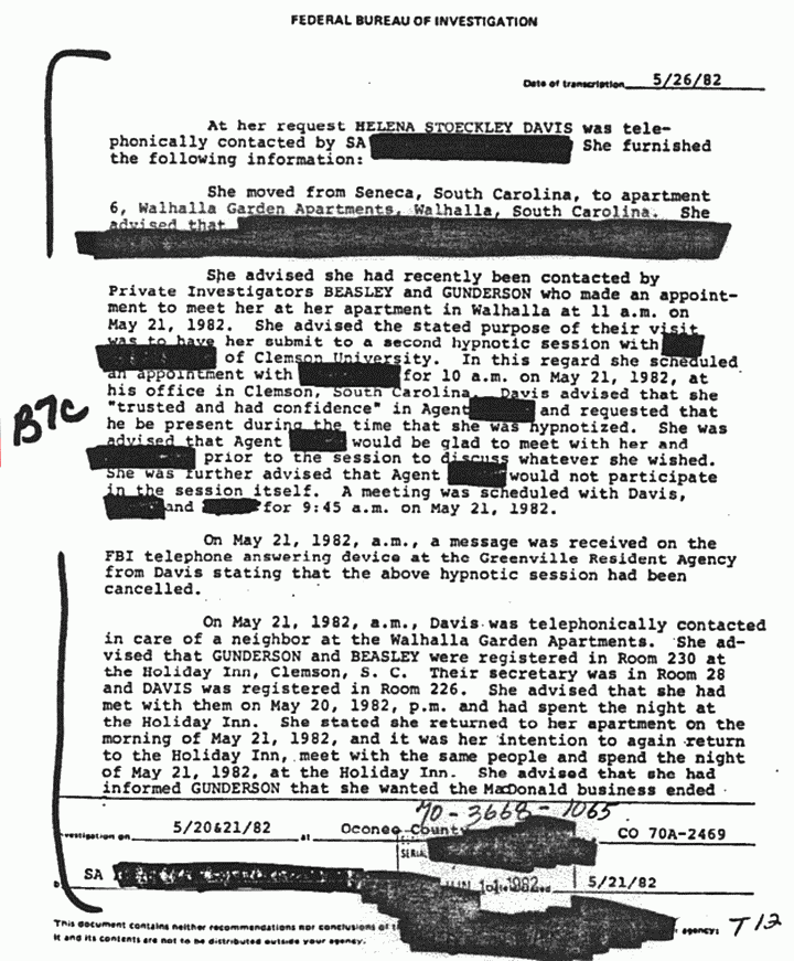 May 26, 1982: FBI File re: Investigative activity reported May 20-21, 1982, re: Helena Stoeckley and Ted Gunderson, p. 1 of 2
