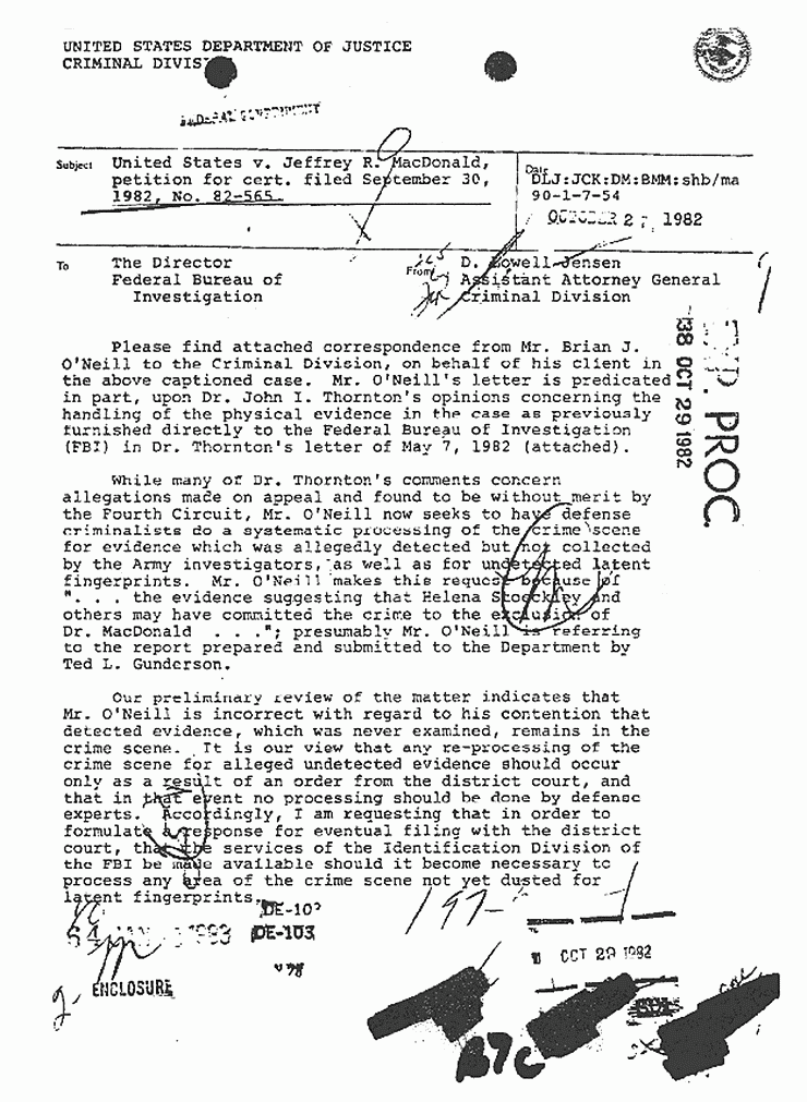 October 27, 1982: Letter from Dept. of Justice to FBI re: John Thornton, p. 1 of 2