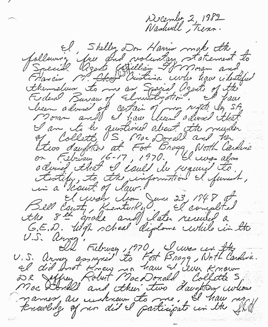 December 2, 1982: Handwritten statement of Shelby Don Harris, p. 1 of 2