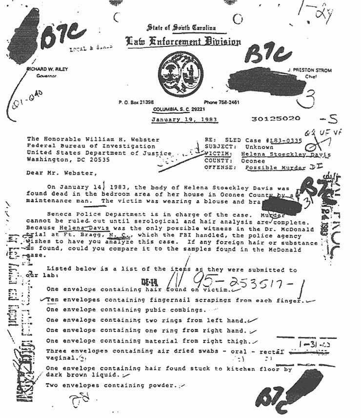 January 19, 1983: Letter from North Carolina Law Enforcement Division to FBI re: Death of Helena Stoeckley, p. 1 of 3