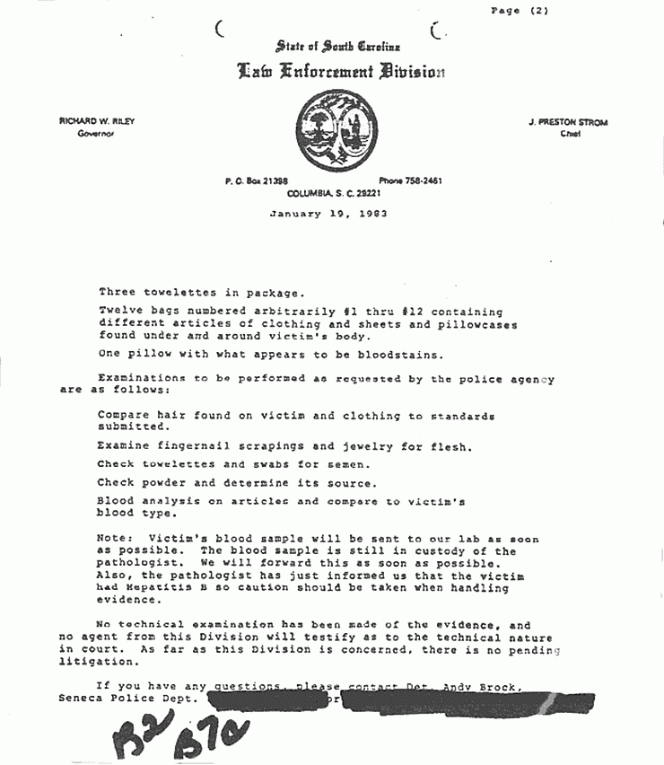 January 19, 1983: Letter from North Carolina Law Enforcement Division to FBI re: Death of Helena Stoeckley, p. 2 of 3