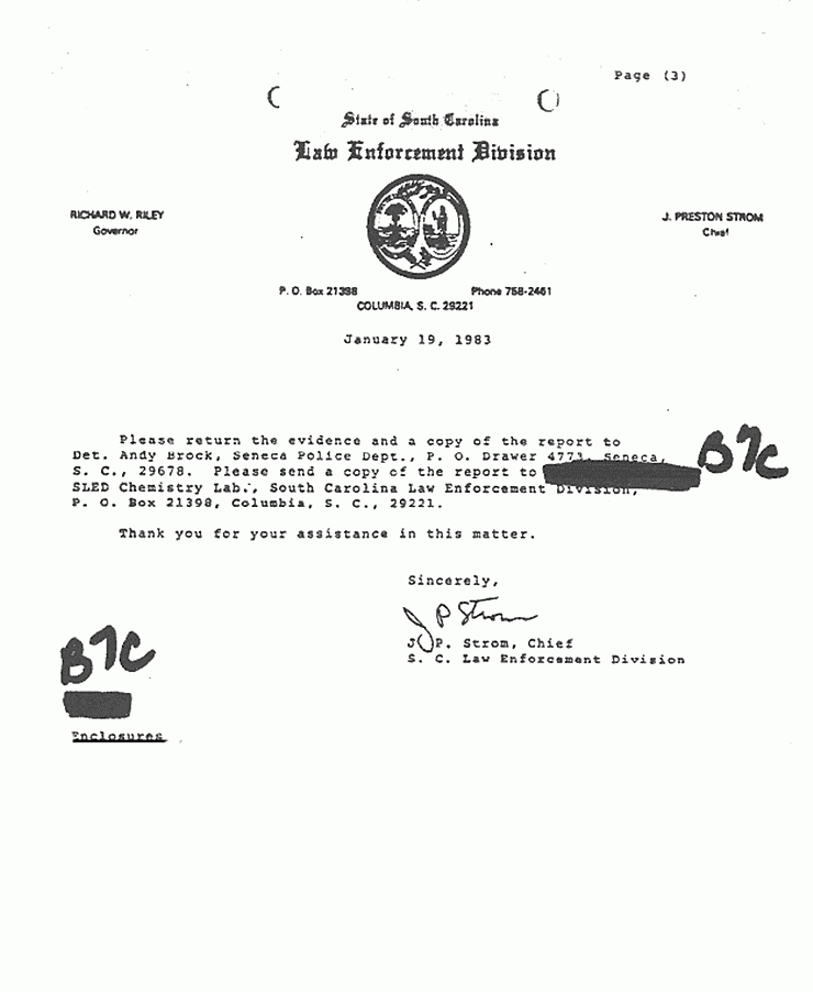 January 19, 1983: Letter from North Carolina Law Enforcement Division to FBI re: Death of Helena Stoeckley, p. 3 of 3