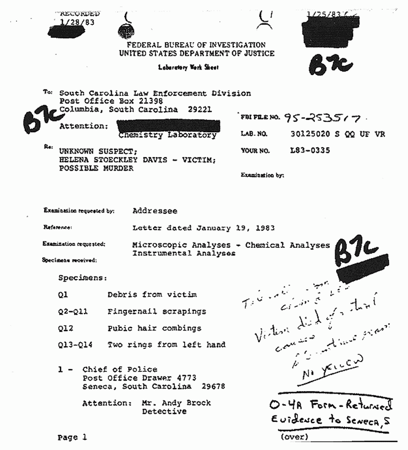 January 28, 1983: FBI Chemistry Lab Work Sheet re: Jan. 14, 1983 death of Helena Stoeckley, p. 1 of 2