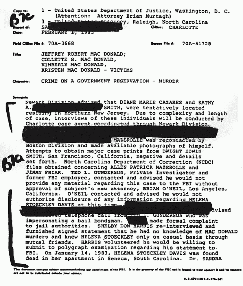 February 1, 1983: FBI letter to Brian Murtagh re: Helena Stoeckley, other suspects, and Ted Gunderson, p. 1 of 2