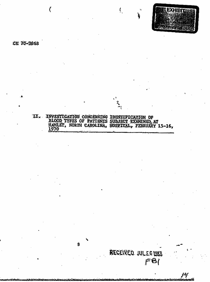July 20, 1983: FBI Report: Investigation Concerning Identification of Blood Types of Patients Jeffrey MacDonald Examined at Hamlet Hospital, North Carolina, February 15-16, 1970, p. 1 of 3
