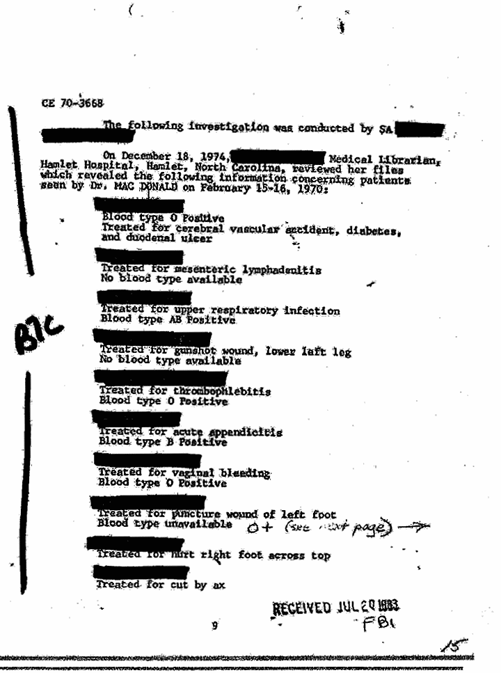 July 20, 1983: FBI Report: Investigation Concerning Identification of Blood Types of Patients Jeffrey MacDonald Examined at Hamlet Hospital, North Carolina, February 15-16, 1970, p. 2 of 3