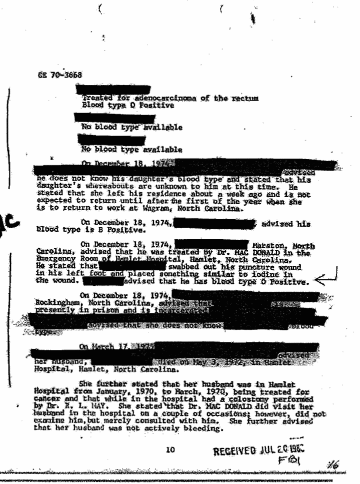 July 20, 1983: FBI Report: Investigation Concerning Identification of Blood Types of Patients Jeffrey MacDonald Examined at Hamlet Hospital, North Carolina, February 15-16, 1970, p. 3 of 3