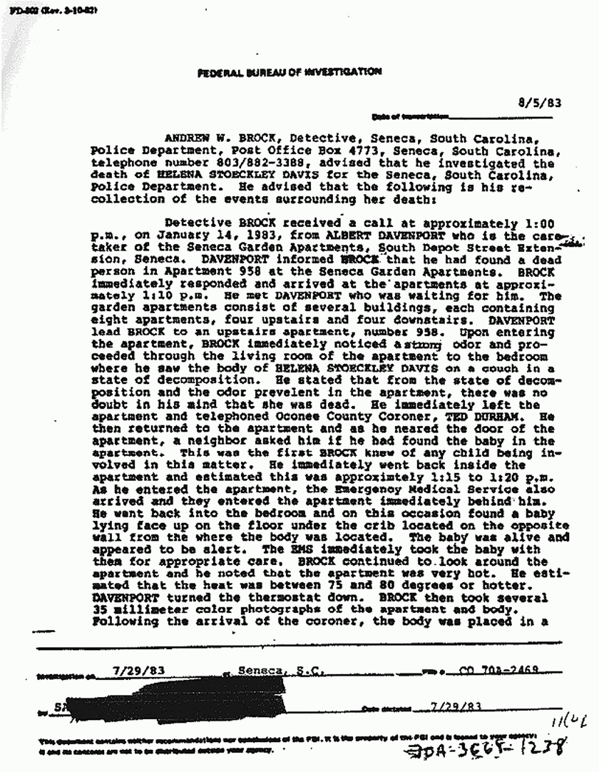 August 5, 1983: FBI File re: July 29, 1983 interview of Det. Brock re: death of Helena Stoeckley, p. 1 of 3