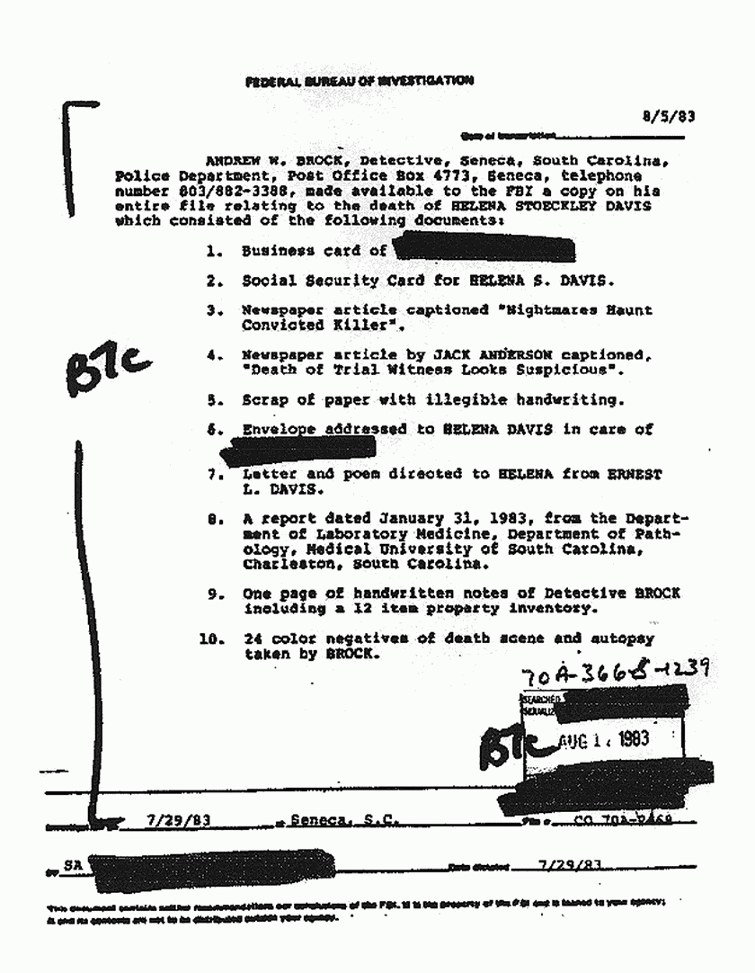August 5, 1983: FBI File re: July 29, 1983 interview of Det. Brock re: death of Helena Stoeckley, p. 3 of 3