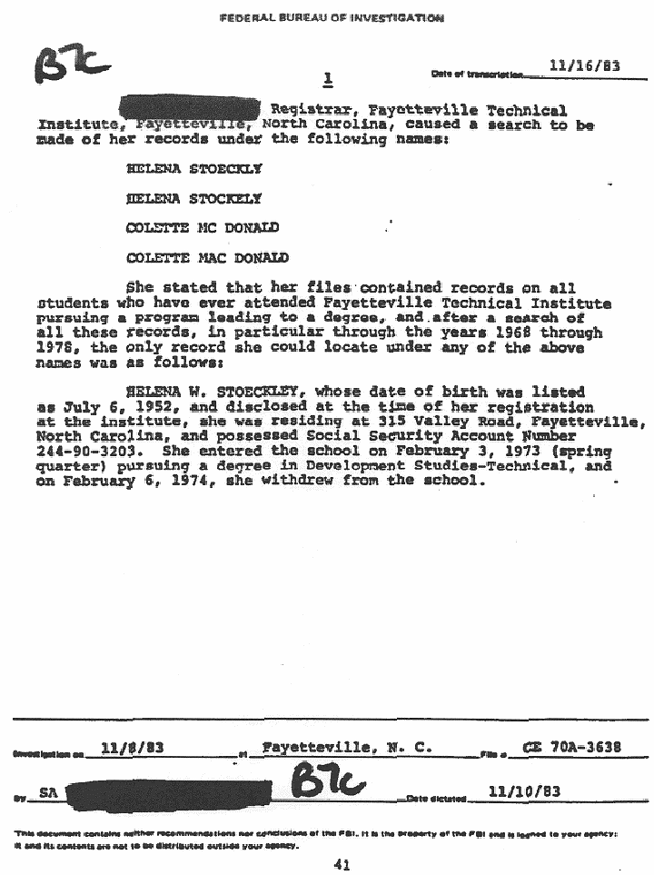 November 16, 1983: FBI File re: Investigative activity reported November 8, 1983, re: Helena Stoeckley and Colette MacDonald