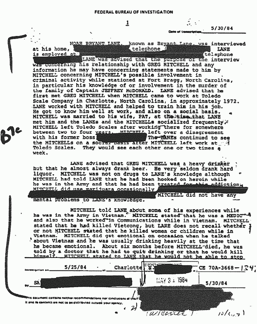May 30, 1984: FBI File re: May 25, 1984 interview of Bryant Lane re: Greg Mitchell, p. 1 of 3