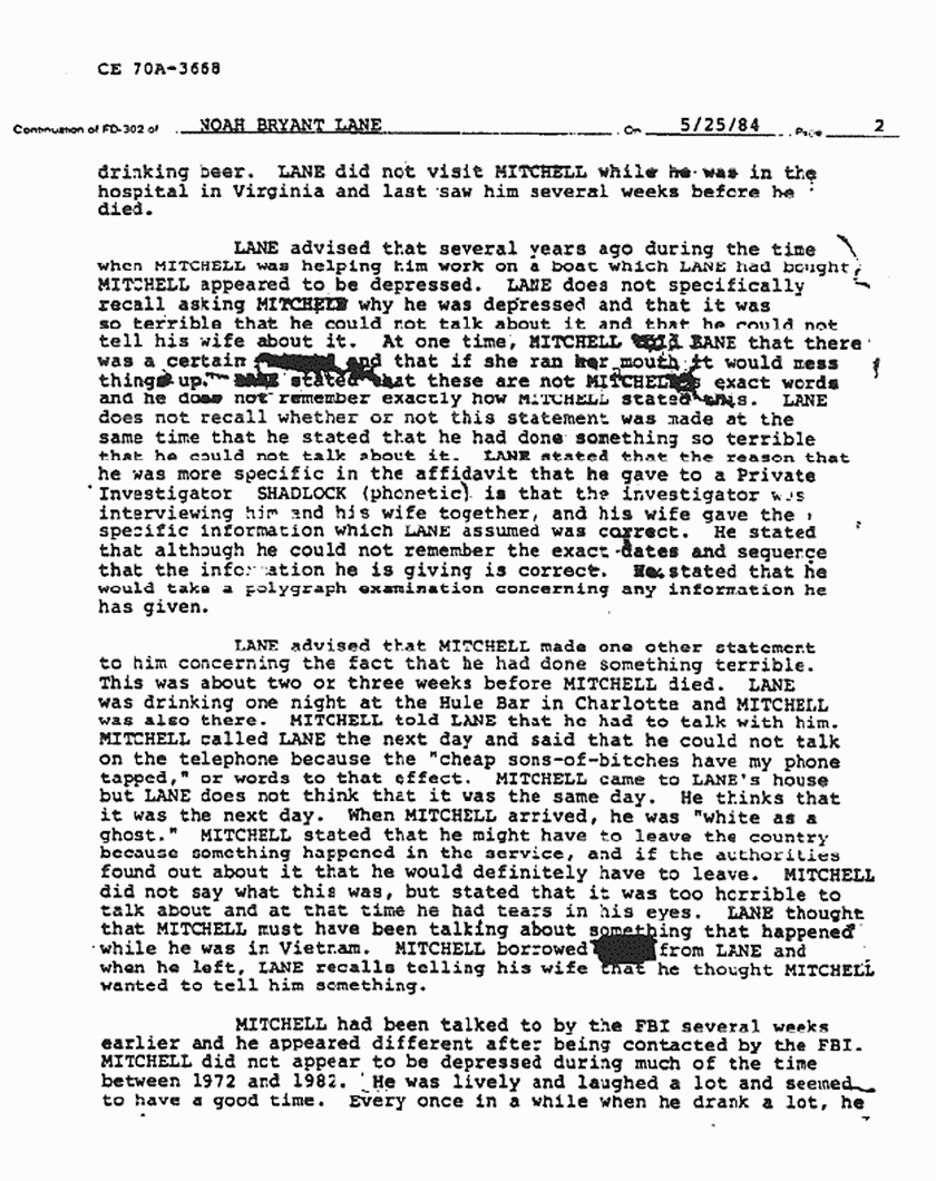 May 30, 1984: FBI File re: May 25, 1984 interview of Bryant Lane re: Greg Mitchell, p. 2 of 3