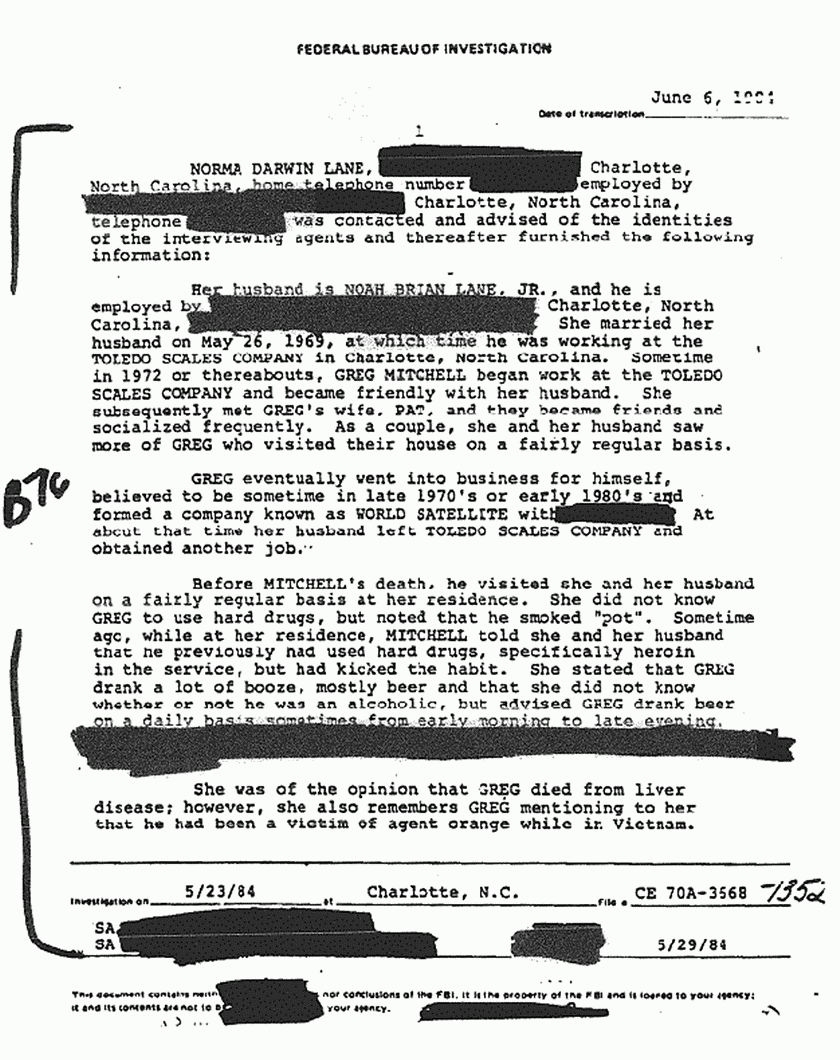June 6, 1984: FBI File re: May 23, 1984 interview of Norma Lane re: Greg Mitchell, p. 1 of 3