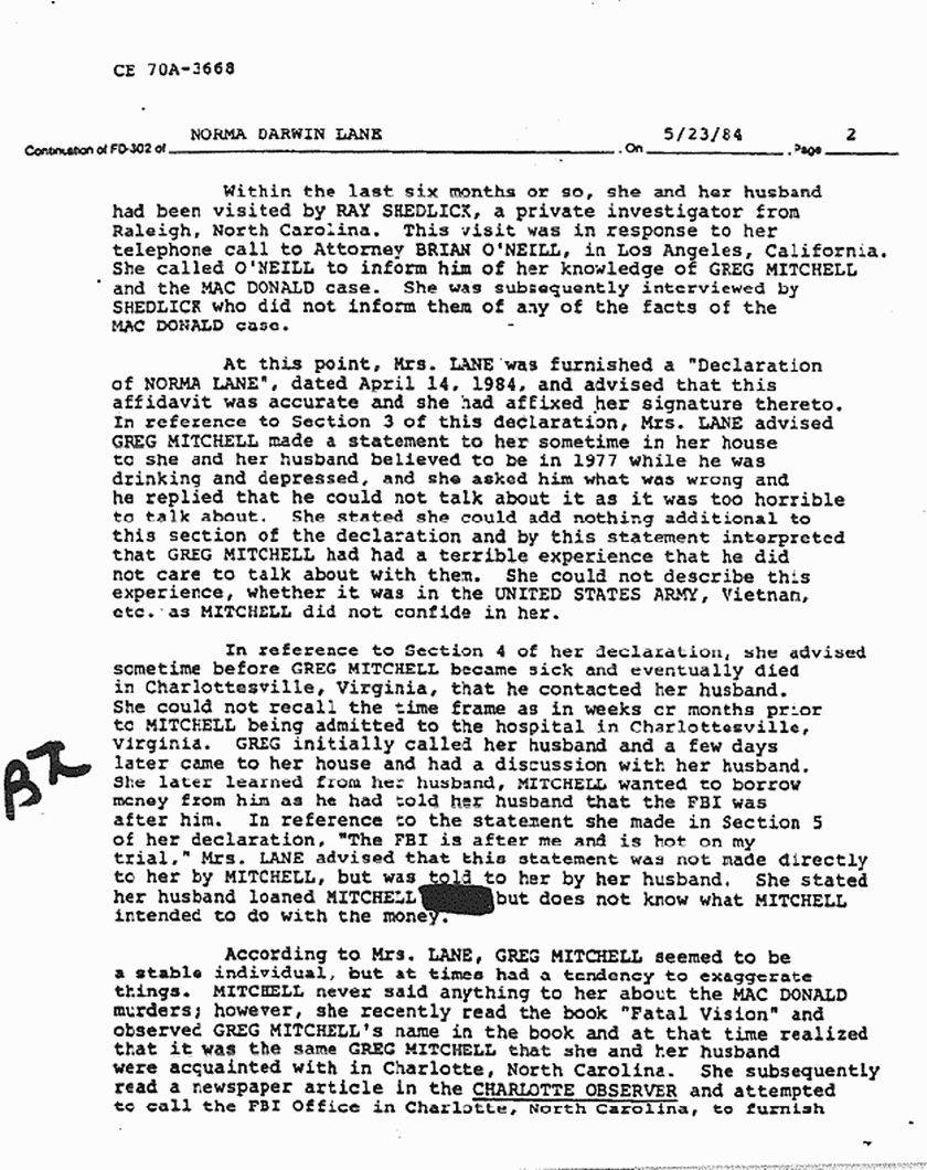 June 6, 1984: FBI File re: May 23, 1984 interview of Norma Lane re: Greg Mitchell, p. 2 of 3