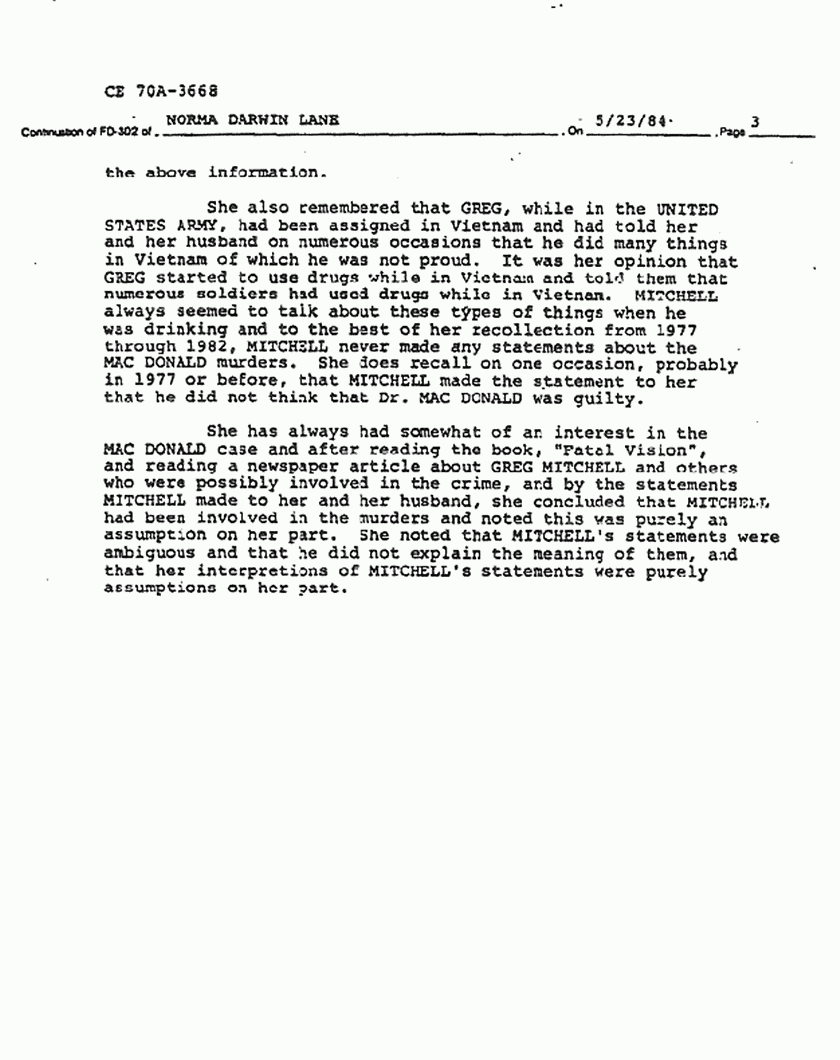June 6, 1984: FBI File re: May 23, 1984 interview of Norma Lane re: Greg Mitchell, p. 3 of 3