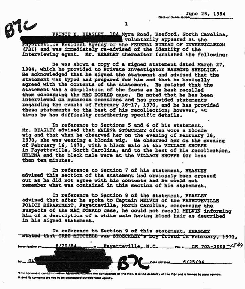 June 25, 1984: FBI File re: June 20, 1984 interview of Prince Beasley, p. 1 of 4