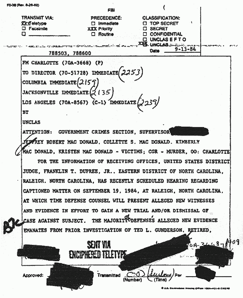 September 13, 1984: Teletype re: Witnesses and subpoenas for Sep. 19 hearing, p. 1 of 4