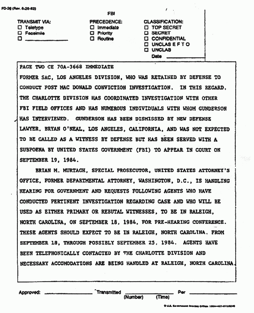 September 13, 1984: Teletype re: Witnesses and subpoenas for Sep. 19 hearing, p. 2 of 4