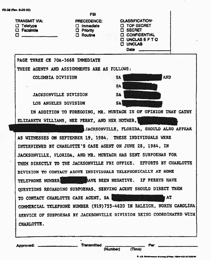 September 13, 1984: Teletype re: Witnesses and subpoenas for Sep. 19 hearing, p. 3 of 4
