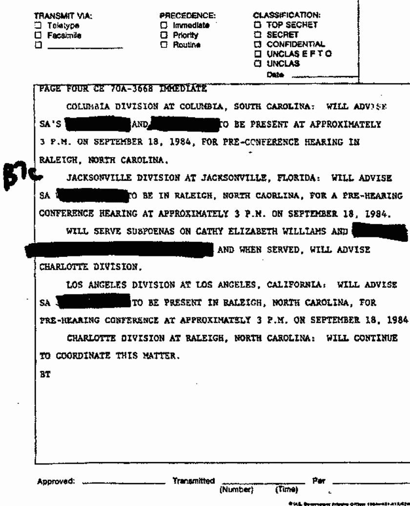 September 13, 1984: Teletype re: Witnesses and subpoenas for Sep. 19 hearing, p. 4 of 4