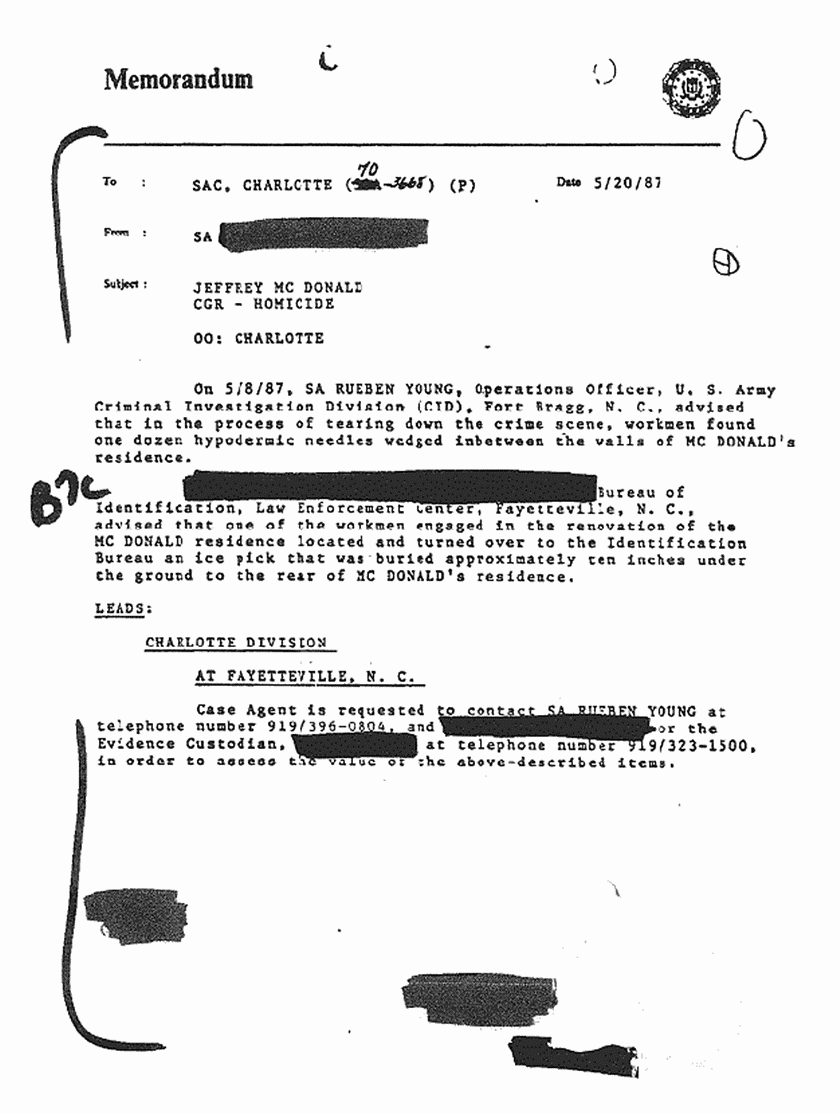 May 20, 1987: Memo re: CID advisory to FBI re: needles and icepick found May 8, 1987