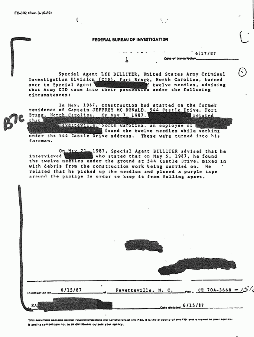 June 17, 1987: FBI File re: June 15 report re: CID advisory of needles found May 5, 1987