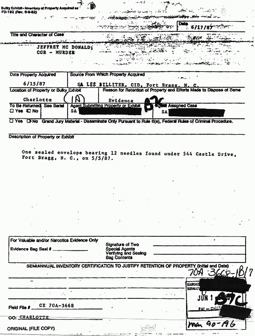 June 17, 1987: CID and FBI inventory of needles found under 544 Castle Dr. on May 5, 1987