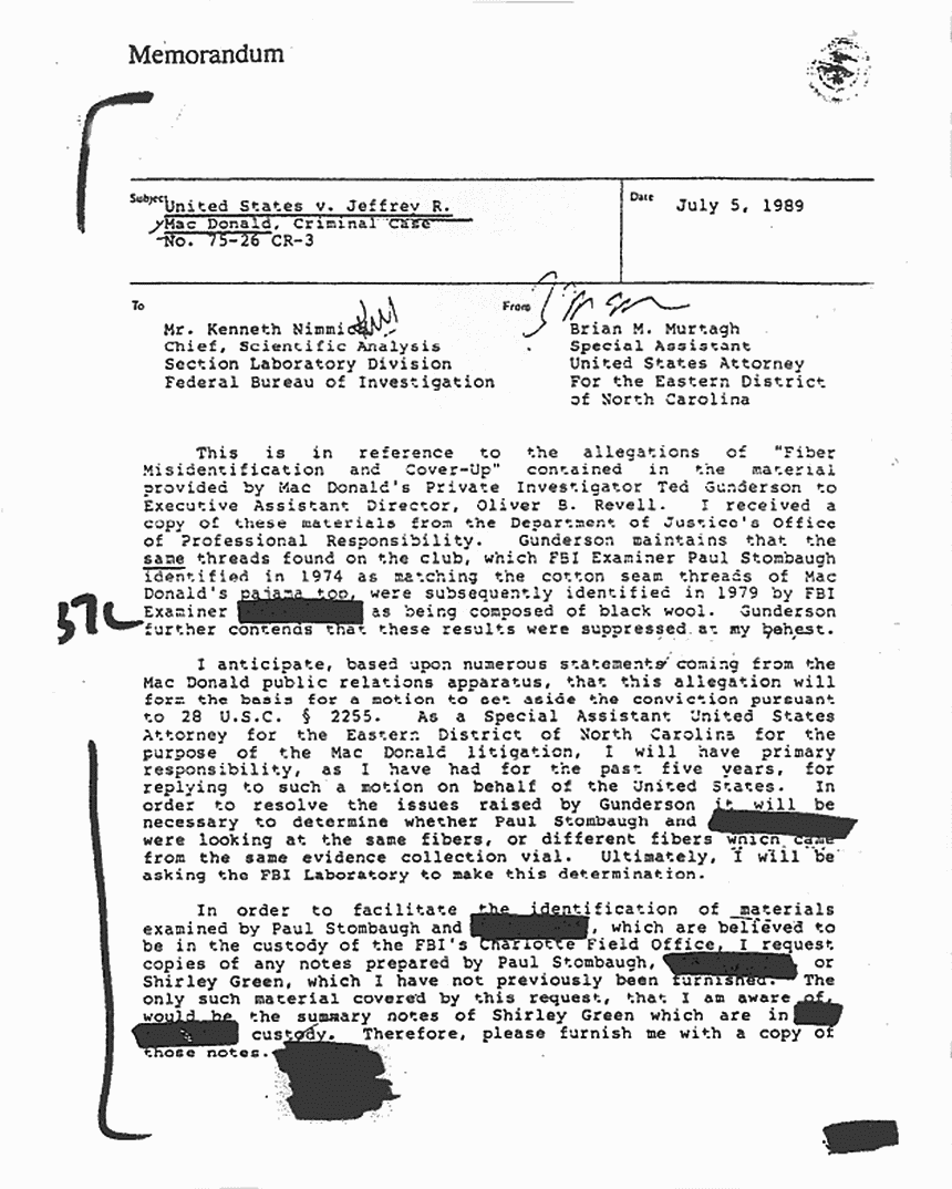 July 5, 1989: Memorandum from Brian Murtagh to Kenneth Nimmich (FBI) re: Ted Gunderson's Allegations of Fiber Misidentification and Cover-Up, p. 1 of 2
