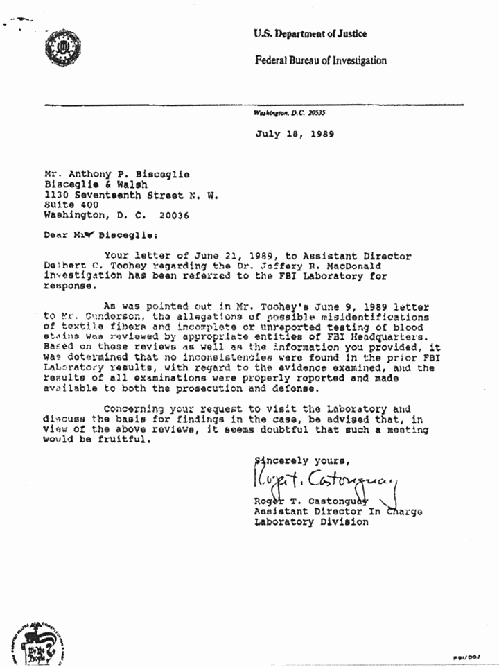 July 18, 1989: Letter from Roger Castonguay (FBI) to Anthony Bisceglie