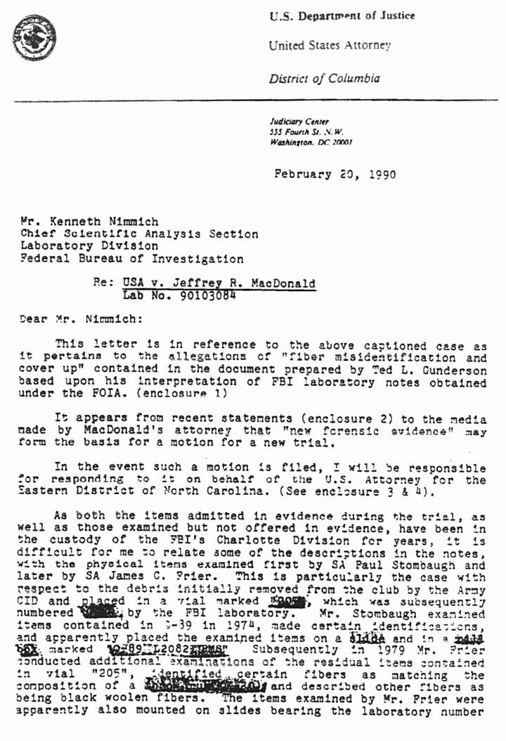 February 20, 1990: Letter from Brian Murtagh to Kenneth Nimmich (FBI) re: Ted Gunderson's Allegations of Fiber Misidentification and Cover-Up, p. 1 of 2
